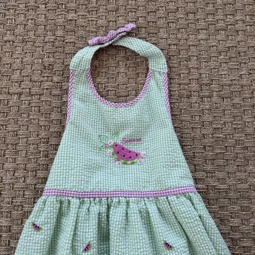 B.T. Kids Vintage Girl’s Dress Pink & Green Gingham Seersucker Watermelon Sz 5